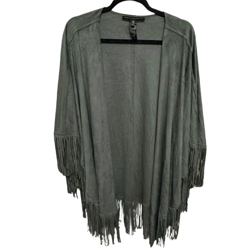 White House Black Market Olive Green Fringe Open Cardigan